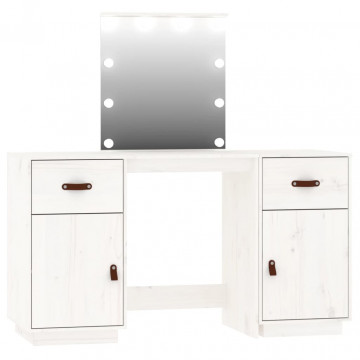 Set de masă de toaletă cu LED, alb, lemn masiv de pin - Img 2