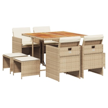 Set de masă pentru grădină, 9 piese, cu perne, bej, poliratan - Img 2