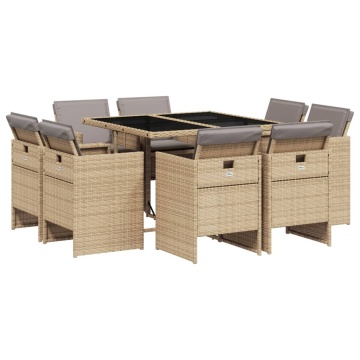 Set de masă pentru grădină, 9 piese, cu perne, bej, poliratan - Img 2