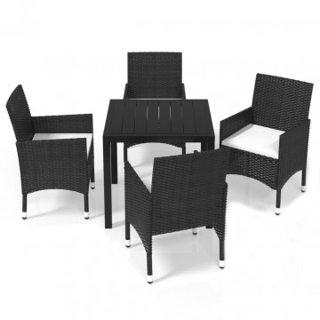 Set de masă pentru grădină cu perne, 5 piese, negru, poliratan - Img 2