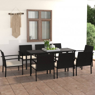 Set de masă și scaune de exterior, 9 piese, negru, poliratan - Img 1