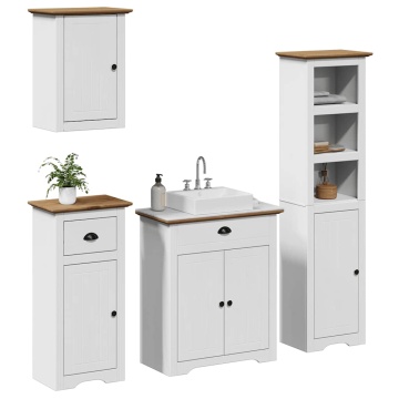 Set de mobilier de baie 4 piese lemn masiv de pin alb și maro - Img 1