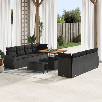 Set de Sofa de Grădină cu 11 Piese și Perne Negru Poliratan Acacia, Set de Dining de Grădină cu 3 Piese și Perne Negru Poliratan Acacia - Img 1