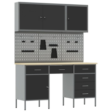 Set dulap lucru & panou cârlige, 8 piese, negru, MDF & metal - Img 2