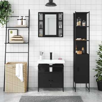 Set dulapuri de baie, 3 piese, negru, lemn prelucrat - Img 3
