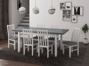 Set masa extensibila 140x180cm cu 6 scaune tapitate, mb-21 modena1 si s-38 boss10 b11, alb/grafit, lemn masiv de fag, stofa - Img 1