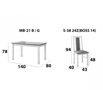 Set masa extensibila 140x180cm cu 6 scaune tapitate, mb-21 modena1 si s-38 boss14 b24z, alb/grafit, lemn masiv de fag, stofa - Img 4