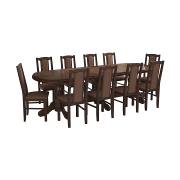 Set masa extensibila jork 250-300x100 cm, lemn masiv nuc, cu 12 scaune tapitate stofa maro, s-37 O15 - Img 4