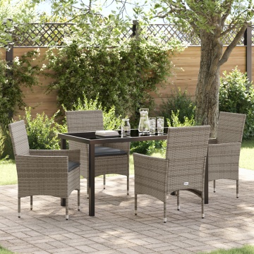 Set Masă Grădină 5 Piese cu Perne Gri Poliratan, Masă Neagră 140x80x73 cm din Sticlă de Siguranță - Img 1