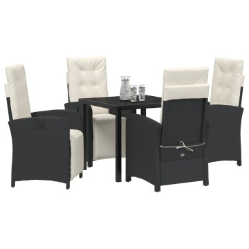Set Masă Grădină cu 5 Piese și Perne Ratan Poli Negru, Masă Grădină Neagră 80x80x73 cm cu Sticlă Temperată - Img 3