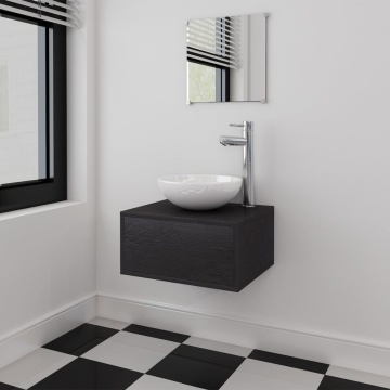 Set mobilier baie format din 3 piese cu chiuvetă inclusă, Negru - Img 1