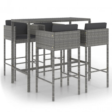 Set mobilier bar de grădină cu perne, 5 piese, gri, poliratan - Img 2