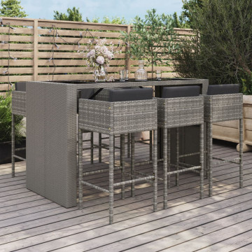 Set mobilier bar de grădină cu perne, 7 piese, gri, poliratan - Img 1