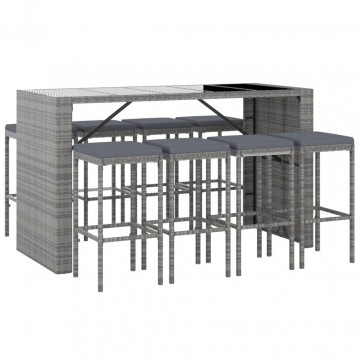 Set mobilier bar de grădină, cu perne, 9 piese, gri, poliratan - Img 3