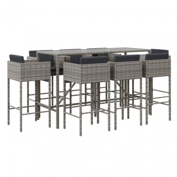 Set mobilier bar de grădină, cu perne, 9 piese, gri, poliratan - Img 2