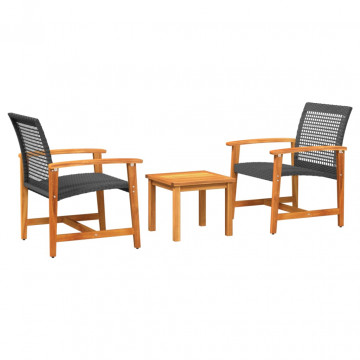 Set mobilier bistro, 3 piese, poliratan negru/lemn de acacia - Img 2