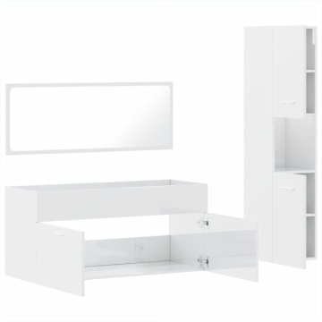 Set mobilier de baie, 3 piese, alb extralucios, lemn compozit - Img 7