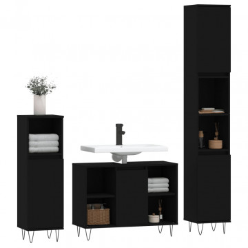 Set mobilier de baie, 3 piese, negru, lemn compozit - Img 3