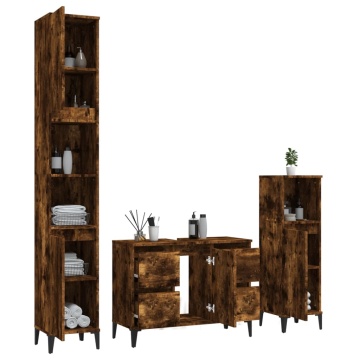Set mobilier de baie, 3 piese, stejar fumuriu, lemn prelucrat - Img 4