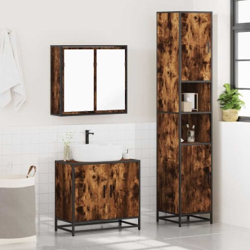 Set mobilier de baie, 3 piese, stejar fumuriu, lemn prelucrat - Img 4
