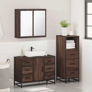 Set mobilier de baie, 3 piese, stejar maro, lemn prelucrat - Img 4