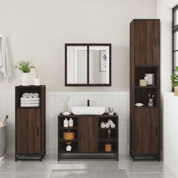 Set mobilier de baie, 3 piese, stejar maro, lemn prelucrat - Img 3