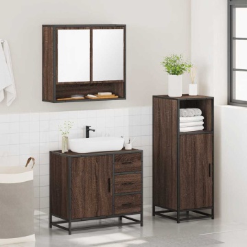 Set mobilier de baie, 3 piese, stejar maro, lemn prelucrat - Img 4