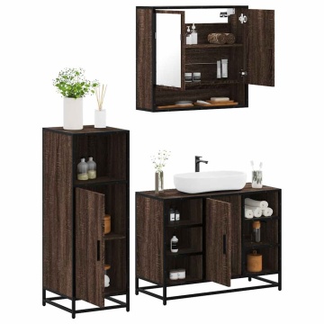 Set mobilier de baie, 3 piese, stejar maro, lemn prelucrat - Img 1