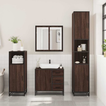 Set mobilier de baie, 3 piese, stejar maro, lemn prelucrat - Img 3
