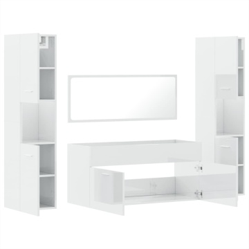 Set mobilier de baie, 4 piese, alb extralucios, lemn prelucrat - Img 7