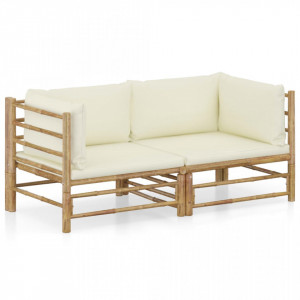 Set mobilier de grădină, 2 piese, perne alb crem, bambus - Img 1