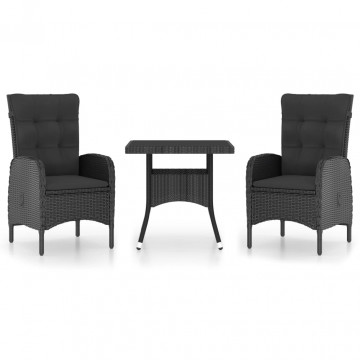 Set mobilier de grădină, 3 piese, negru, poliratan și sticlă - Img 2