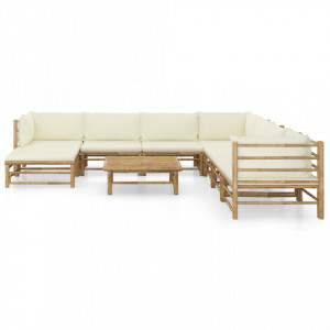 Set mobilier de grădină, 9 piese, perne alb crem, bambus - Img 2