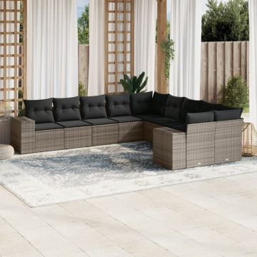 Set mobilier de grădină cu perne, 10 piese, gri, poliratan - Img 1
