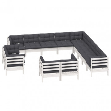 Set mobilier de grădină cu perne, 13 piese alb, lemn masiv pin - Img 3