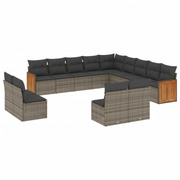 Set mobilier de grădină cu perne, 13 piese, gri, poliratan - Img 2