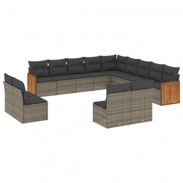 Set mobilier de grădină cu perne, 13 piese, gri, poliratan - Img 2