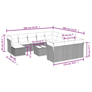 Set mobilier de grădină cu perne, 13 piese, negru, poliratan - Img 3