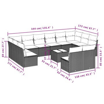 Set mobilier de grădină cu perne, 13 piese, negru, poliratan - Img 3