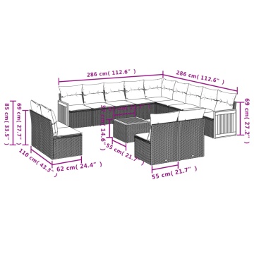 Set mobilier de grădină cu perne, 14 piese, negru, poliratan - Img 3