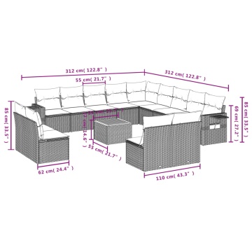 Set mobilier de grădină cu perne, 14 piese, negru, poliratan - Img 3
