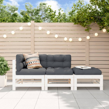 Set mobilier de grădină cu perne, 3 piese, alb, lemn masiv - Img 1