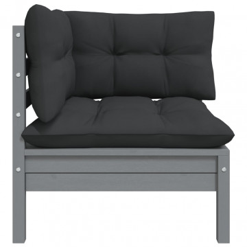 Set mobilier de grădină cu perne, 3 piese, gri, lemn masiv pin - Img 3
