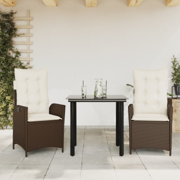 Set mobilier de grădină cu perne, 3 piese, maro, poliratan - Img 1