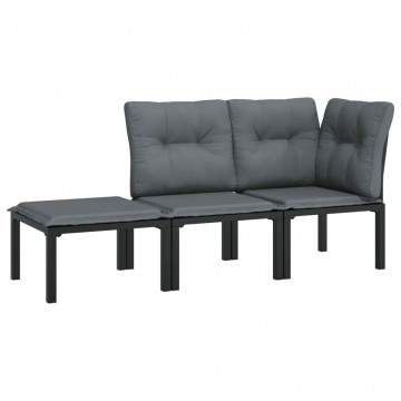 Set mobilier de grădină cu perne, 3 piese, negru/gri, poliratan - Img 2