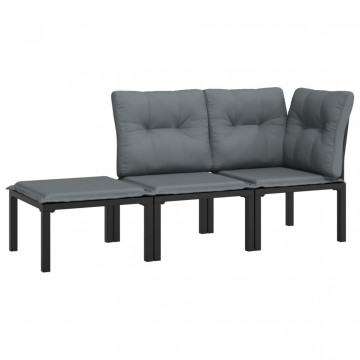 Set mobilier de grădină cu perne, 3 piese, negru/gri, poliratan - Img 3