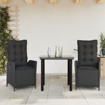 Set mobilier de grădină cu perne, 3 piese, negru, poliratan - Img 1