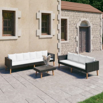 Set mobilier de grădină cu perne, 3 piese, negru, poliratan - Img 1