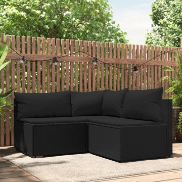 Set mobilier de grădină cu perne, 3 piese, negru, poliratan - Img 1