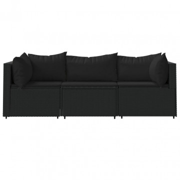 Set mobilier de grădină cu perne, 3 piese, negru, poliratan - Img 3